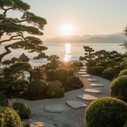Chemin pavé dans la nature vers la mer au soleil couchant